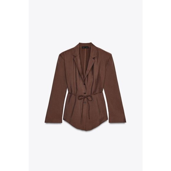 Zara Womens Blazer Suit Jacket XS Chocolate Brown Tie Belt 2010/821 NWT - Picture 3 of 14